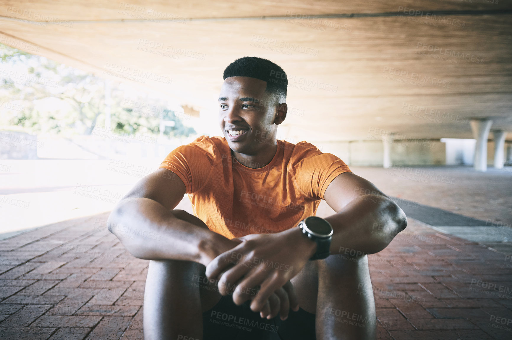 Buy stock photo Outdoor, black man and thinking with break for fitness, burnout or tired from exercise challenge. Urban, male person and runner with smile for workout fatigue, cardio rest or inspiration for training