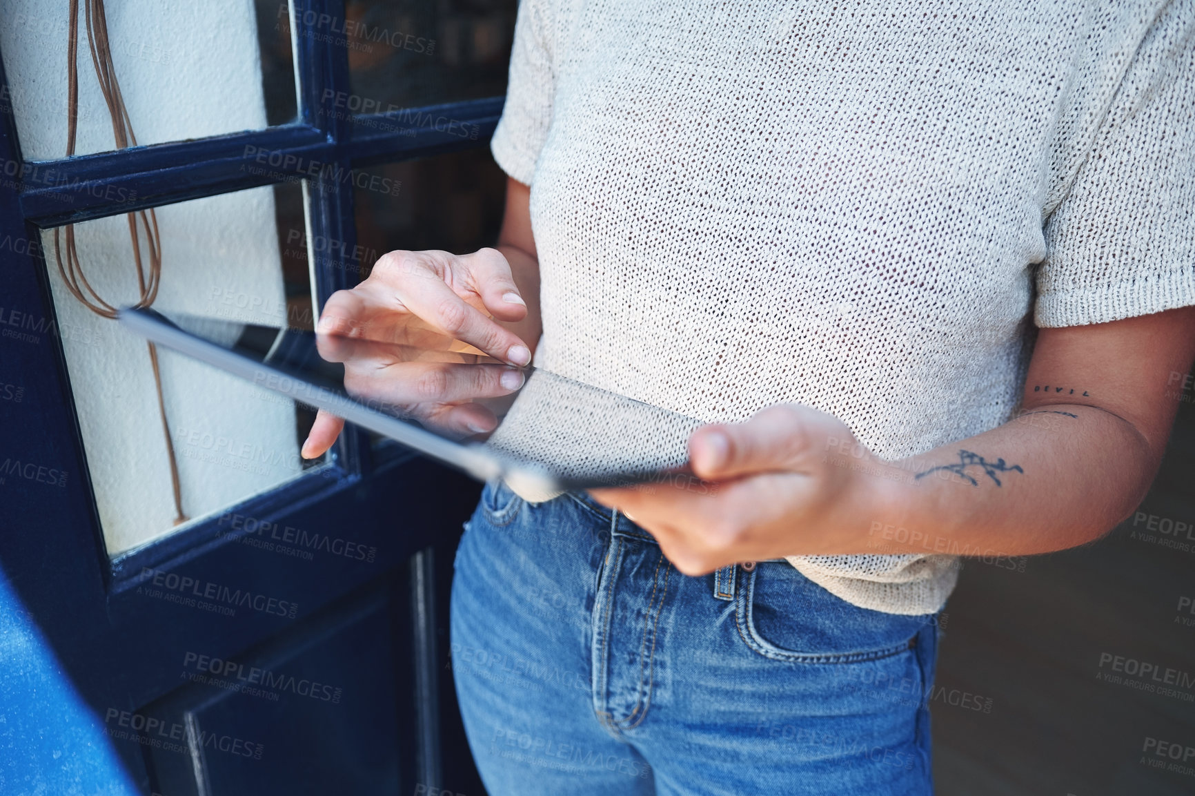 Buy stock photo Hands, entrepreneur and woman with tablet, online and research for target audience and creative. Digital, freelancer and person with tech for business, info and self publishing author in house