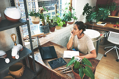 Buy stock photo Woman, thinking or book in workshop for pottery ceramics, product pricing or inventory checklist. Sculpture artist, dream or designer with diary with creative ideas, startup items or selling craft