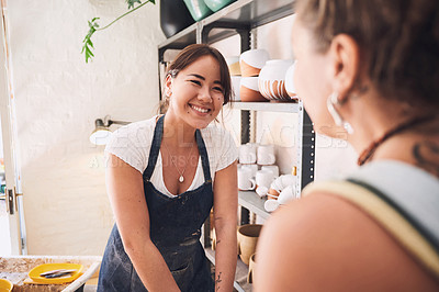 Buy stock photo Pottery, friends and clay with women in workshop for partnership, small business and creative. Sculpture, production and art process with people in studio for gallery, ceramic and talent together