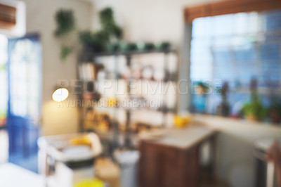 Buy stock photo Blurred shot of various vases and pots on a shelf in a pottery studio