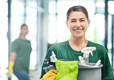Buy stock photo Happy, product and portrait of a woman with a cleaning service, tools and bucket for work. Smile, office and a young female cleaner with products to clean a workplace, disinfection staff and job