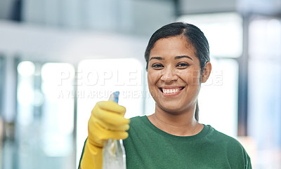 Buy stock photo Portrait of a young woman cleaning a modern office