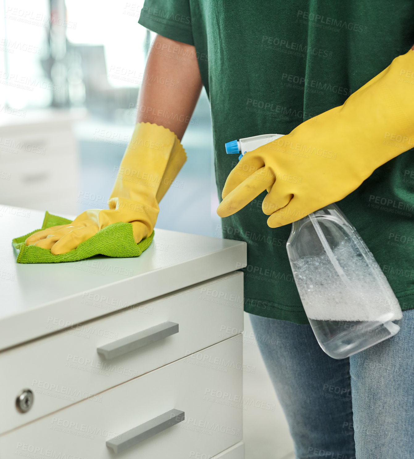 Buy stock photo Shot of an unrecognisable woman cleaning a modern office