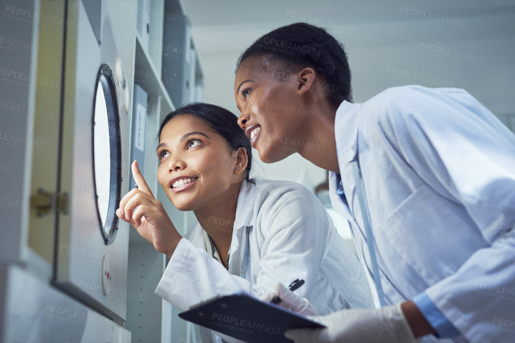 Buy stock photo Shot of two scientists working in a lab