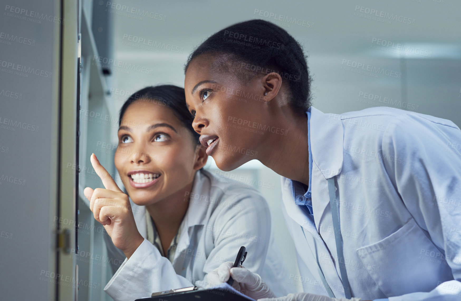 Buy stock photo Shot of two scientists working in a lab