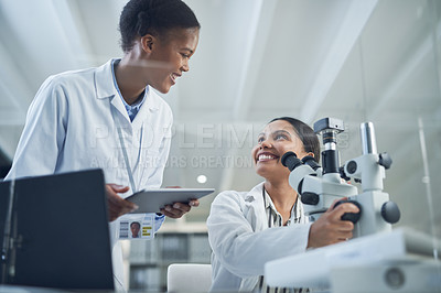 Buy stock photo Shot of two scientists working together in a lab