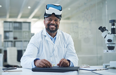 Buy stock photo Portrait of a mature scientist using a virtual reality headset while working in a lab