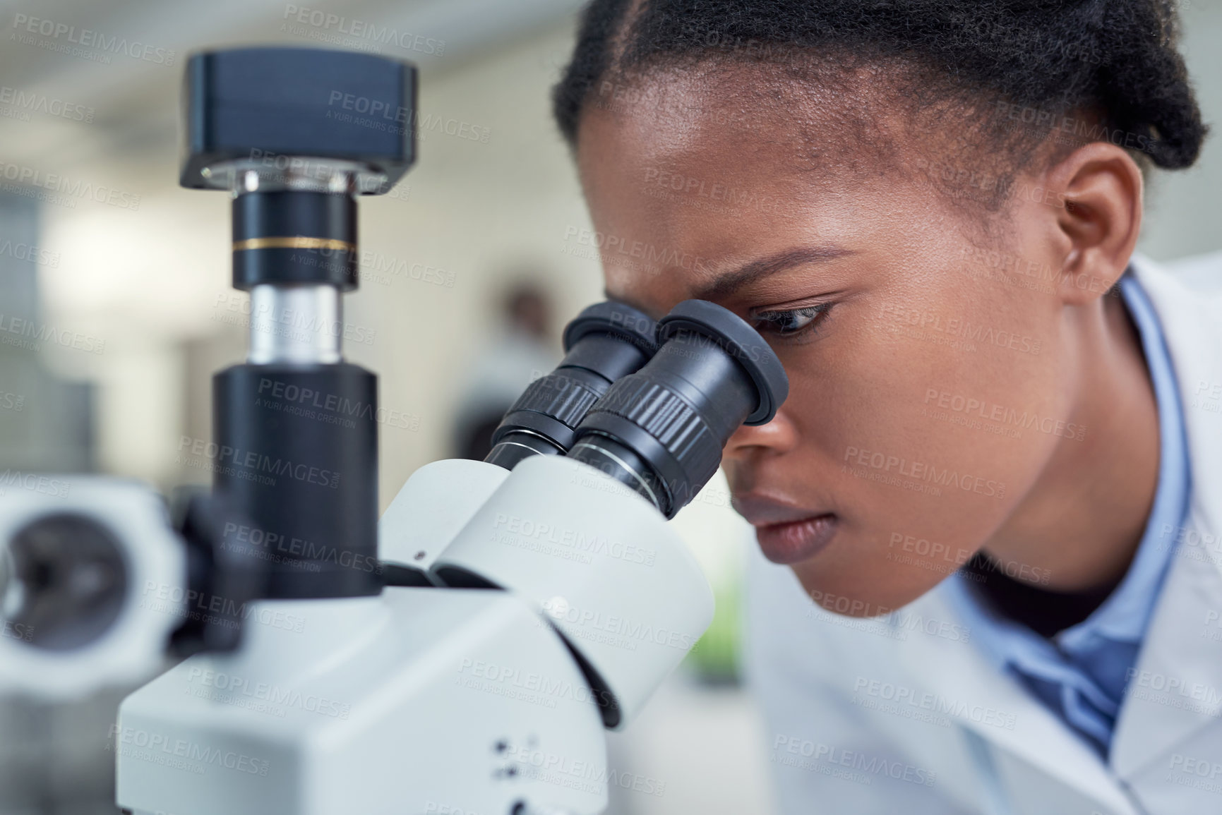 Buy stock photo Shot of a young scientist using a microscope in a lab