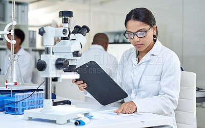 Buy stock photo Shot of a young scientist going through paperwork in a lab