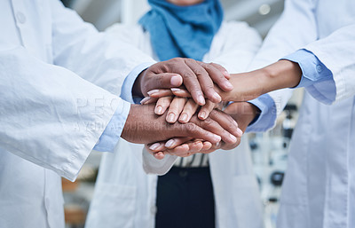 Buy stock photo Closeup, hands and group in a hospital, healthcare or scientists with support, motivation or solidarity. Zoom, coworkers or medical professional with teamwork, collaboration or team building in a lab