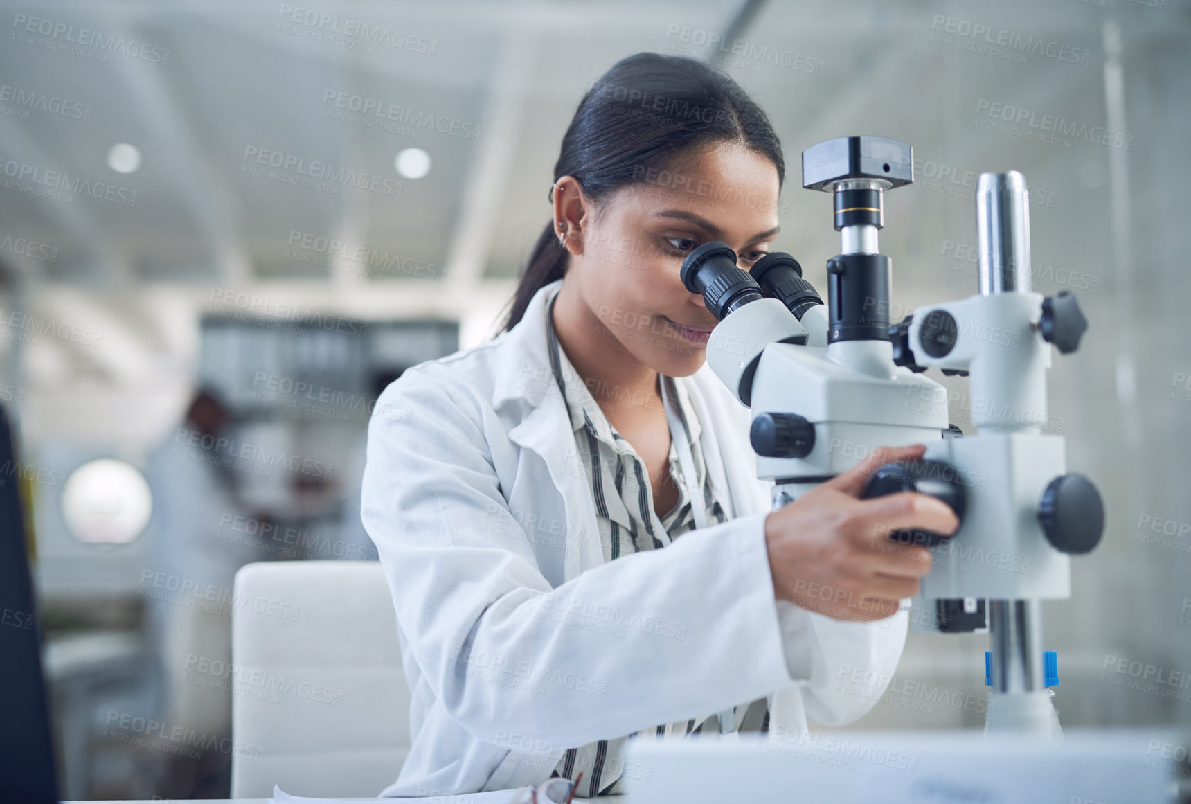 Buy stock photo Science, microscope and innovation with a woman in a laboratory for medical research or experiment. Healthcare, medicine and a young indian engineer working in a lab for pharmaceutical development