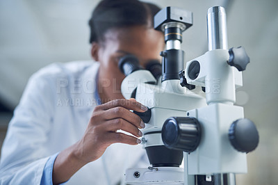 Buy stock photo Shot of a young scientist using a microscope while conducting research in a laboratory