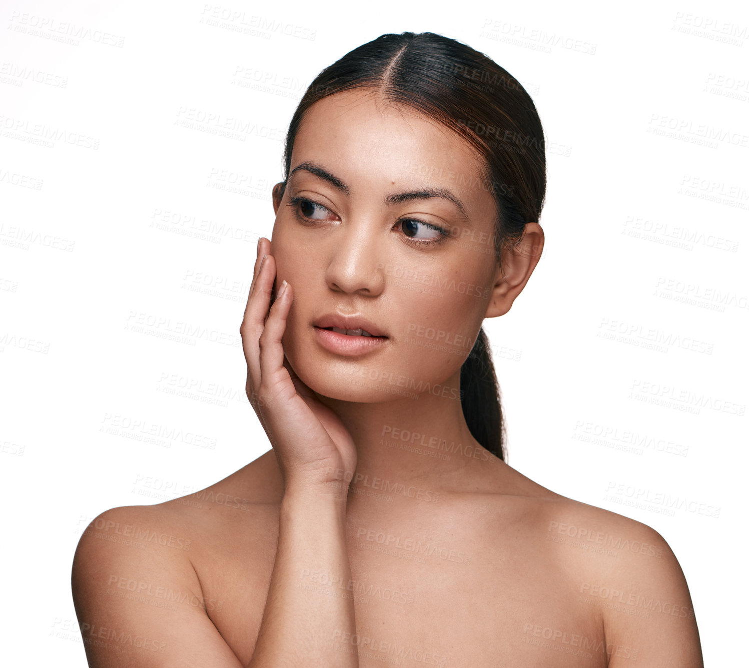 Buy stock photo Thinking, skincare and woman in studio for natural beauty, glow or aesthetic on white background. Touch, dermatology or person with cosmetics for shine, healthy skin or idea for facial wellness