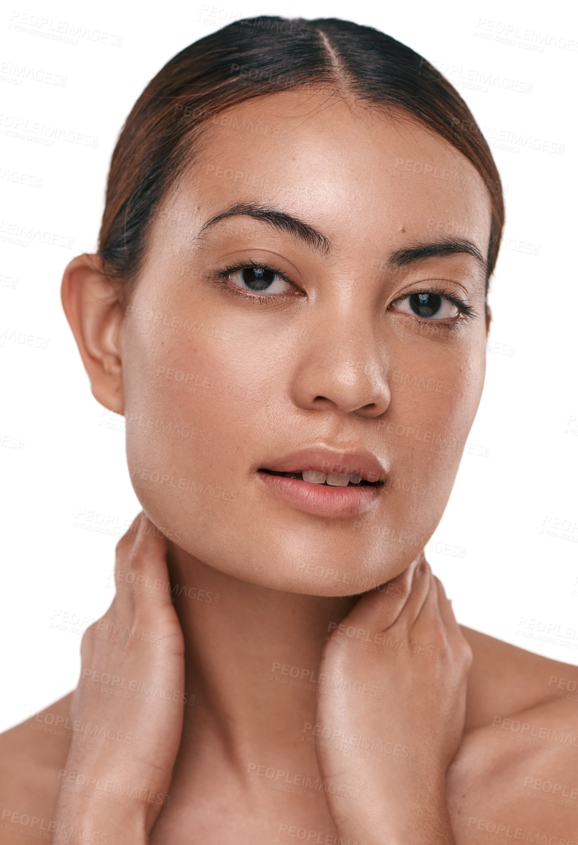 Buy stock photo Skincare, portrait and natural skin of woman in studio for cosmetics, dermatology and self care. Girl, confidence and model on a white background for facial hygiene, wellness and healthy glow on face