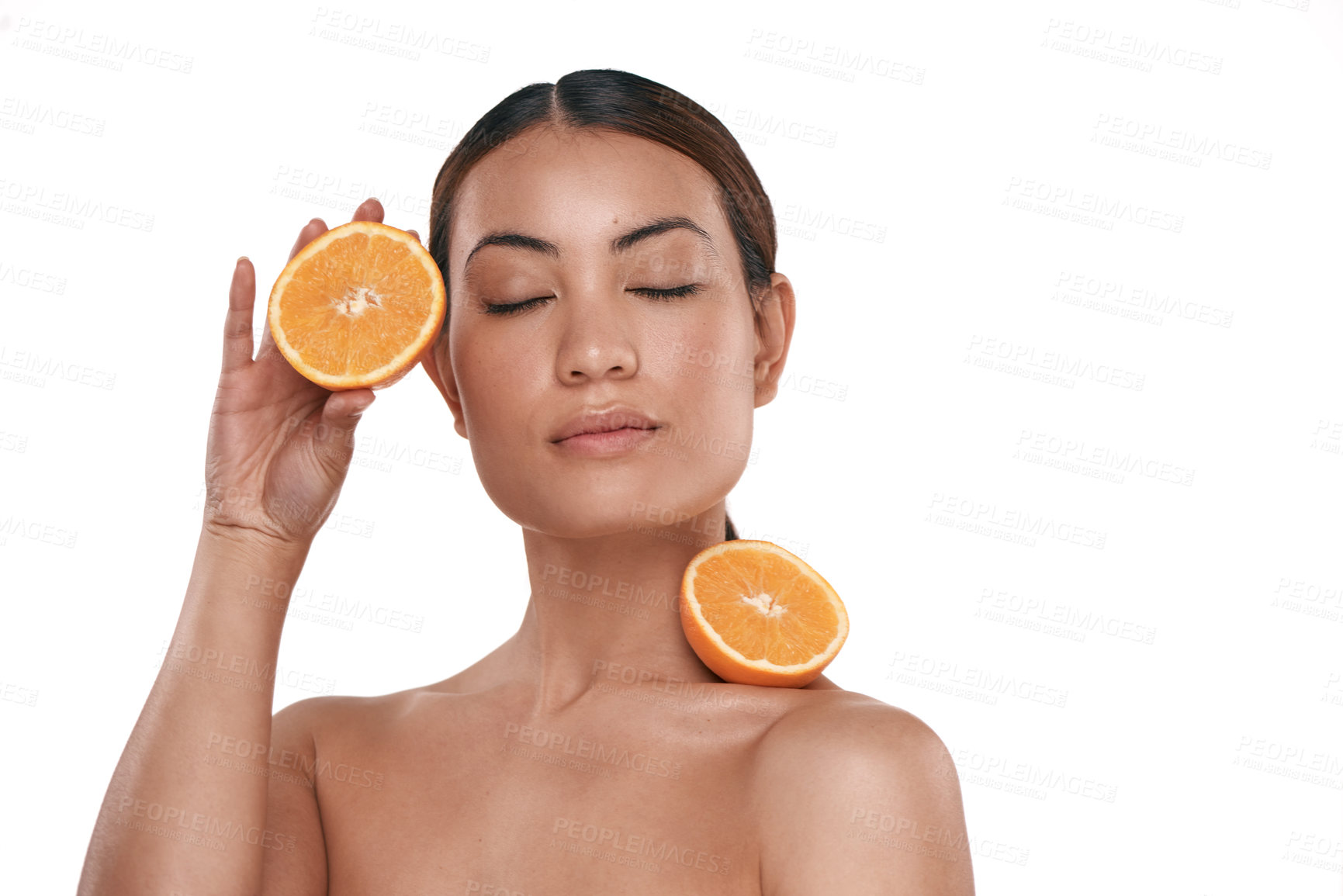 Buy stock photo Skincare, beauty or woman with orange in studio, reduce acne inflammation or moisturizing benefits. Dermatology, glowing skin or person with fruits for facial hydration, vitamin c or white background
