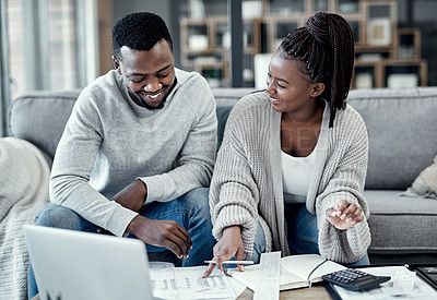 Buy stock photo Finance, home budget and financial planning with a couple working on a laptop looking happy about savings, investment and mortgage insurance. Boyfriend and girlfriend calculating tax or future income