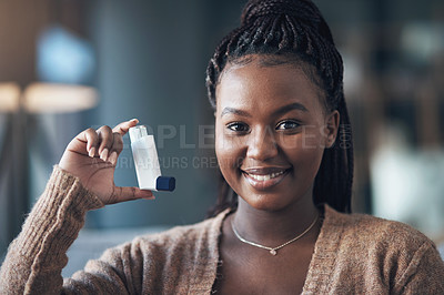 Buy stock photo Asthma, medicine and portrait of a woman with inhaler to breathe in home for health and wellness. Happy black person with pharmaceutical product for healthcare, lungs or chest and respiratory problem