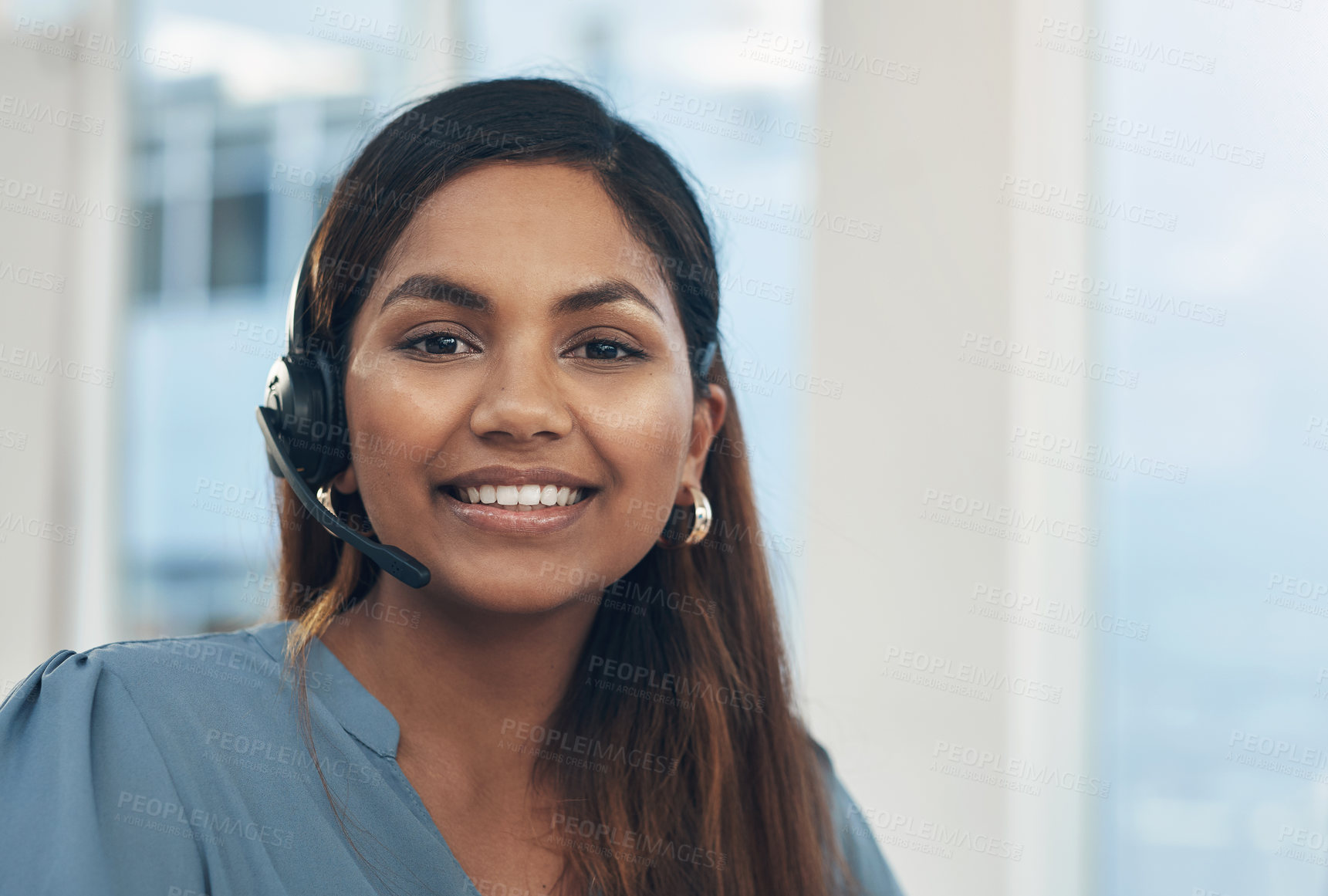 Buy stock photo Portrait, happy woman and headset in call center for telemarketing, contact and customer support in India. Consultant, smile and tech in agency for services, CRM and professional virtual assistant