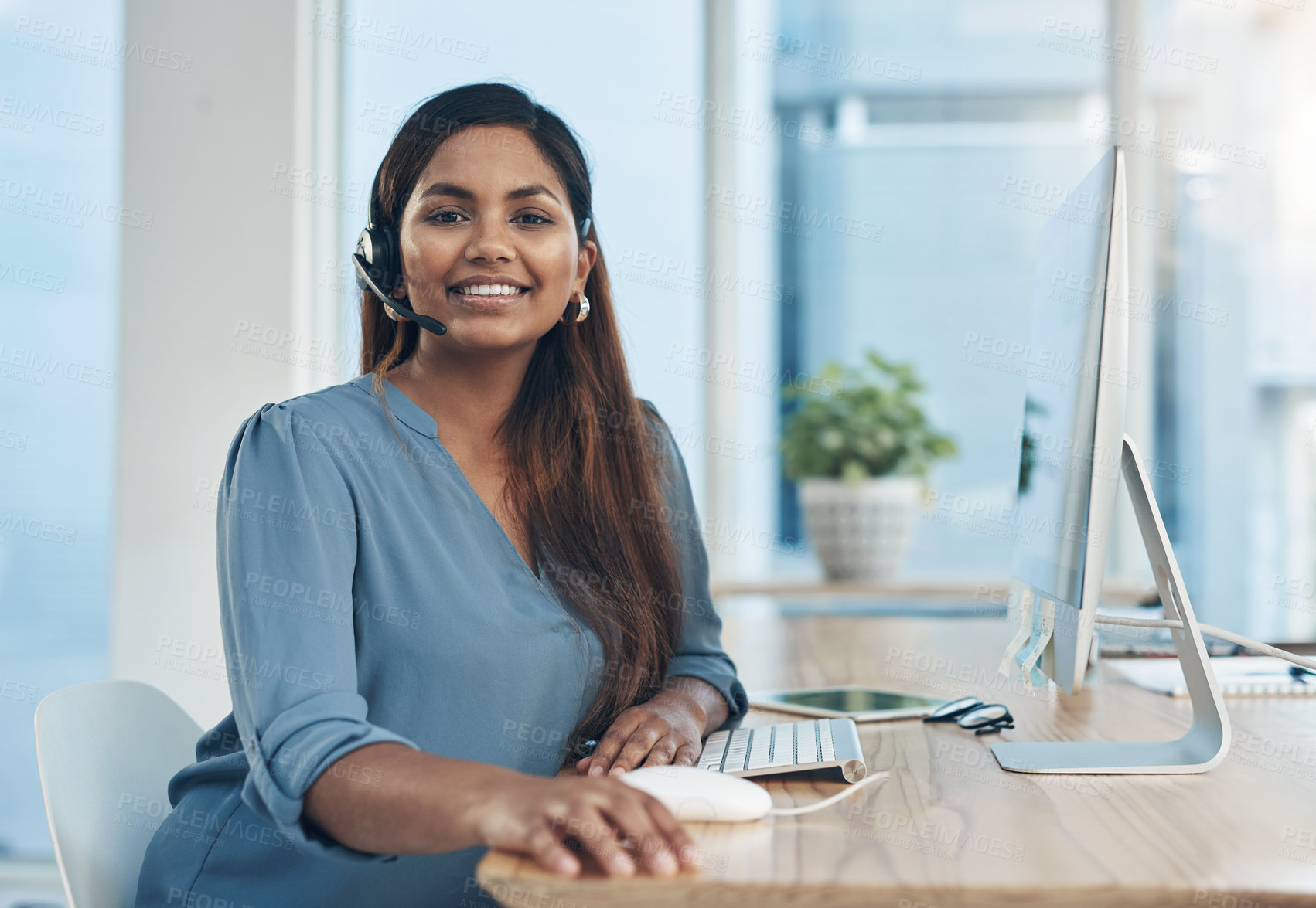 Buy stock photo Portrait, woman and headset in call center for telemarketing, contact and customer support in India. Consultant, smile and technology in agency for services, CRM and professional virtual assistant