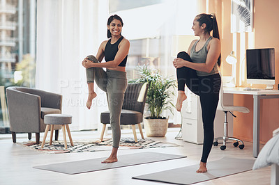 Buy stock photo Friends, exercise and women stretching together in a house with a smile, health and wellness. Indian sisters or female family in a home while happy about workout, yoga and fitness with a partner