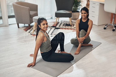 Buy stock photo Friends, yoga exercise and portrait of women together in a house with a smile, health and wellness. Indian sisters or female family in a lounge while happy about workout and fitness with a partner