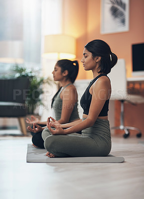 Buy stock photo Friends, meditation and zen women together in a house for mindfulness, health and relax wellness. Indian sisters or female family meditate in lounge for yoga, lotus and mental health balance at home