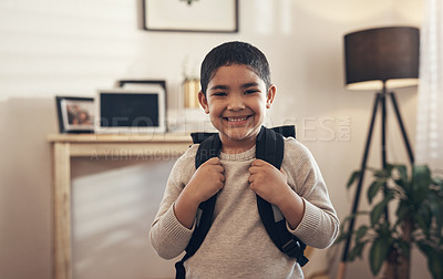Buy stock photo Portrait of an adorable little boy ready to go to school