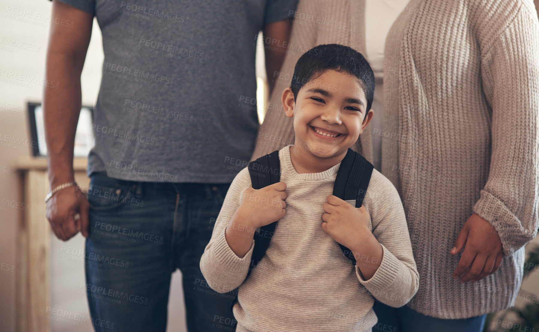 Buy stock photo Portrait of an adorable little boy ready to go to school with his parents