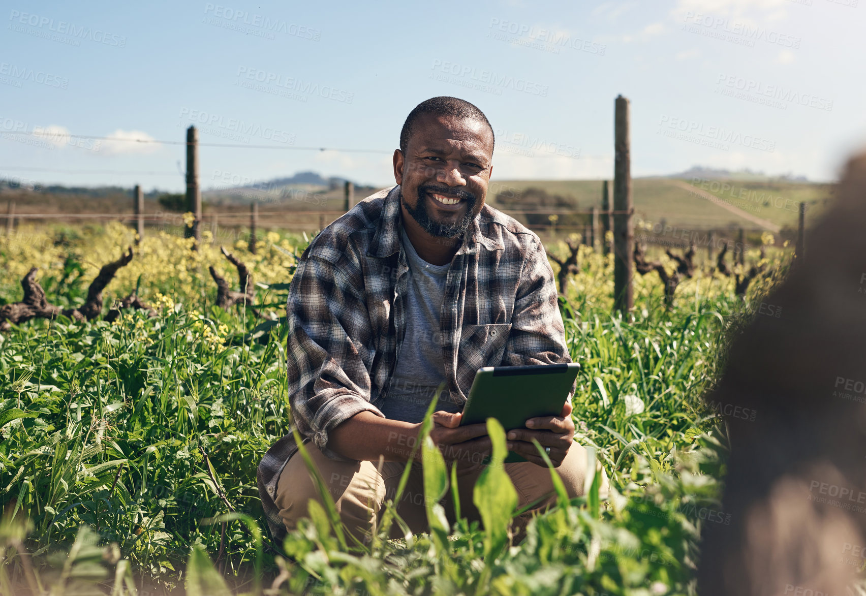 Buy stock photo Shot of a mature man using a digital tablet while working on a farm