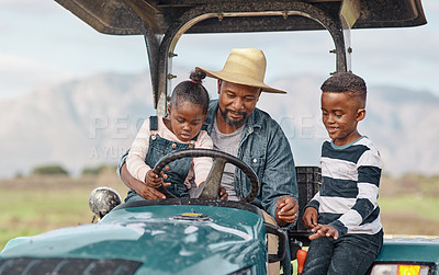 Buy stock photo Shot of a mature man driving a tractor with his adorable son and daughter on a farm