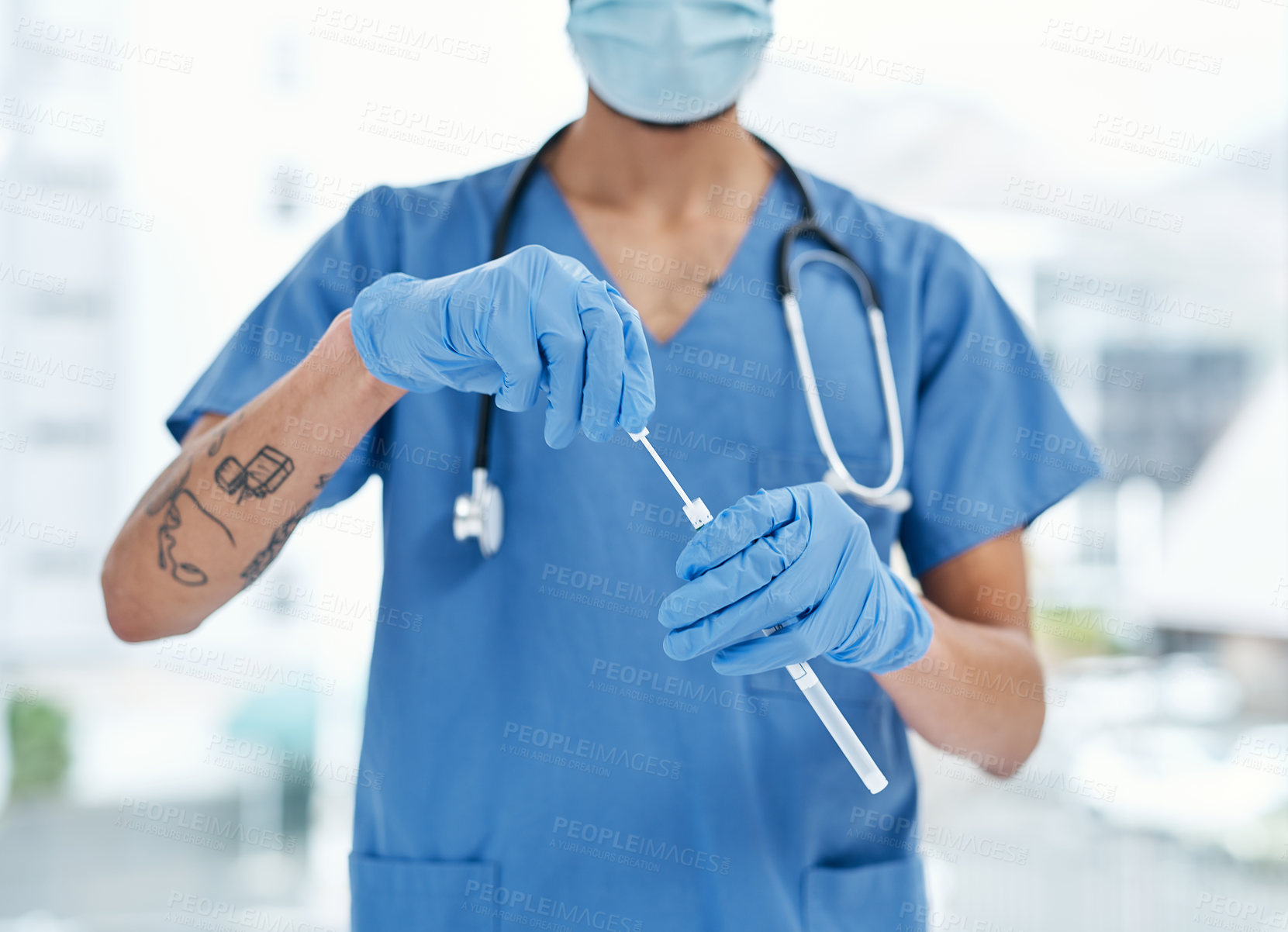 Buy stock photo Closeup shot of an unrecognisable medical practitioner holding a sampling swab