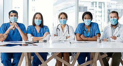 Buy stock photo Portrait of a group of medical practitioners having a meeting in a hospital boardroom