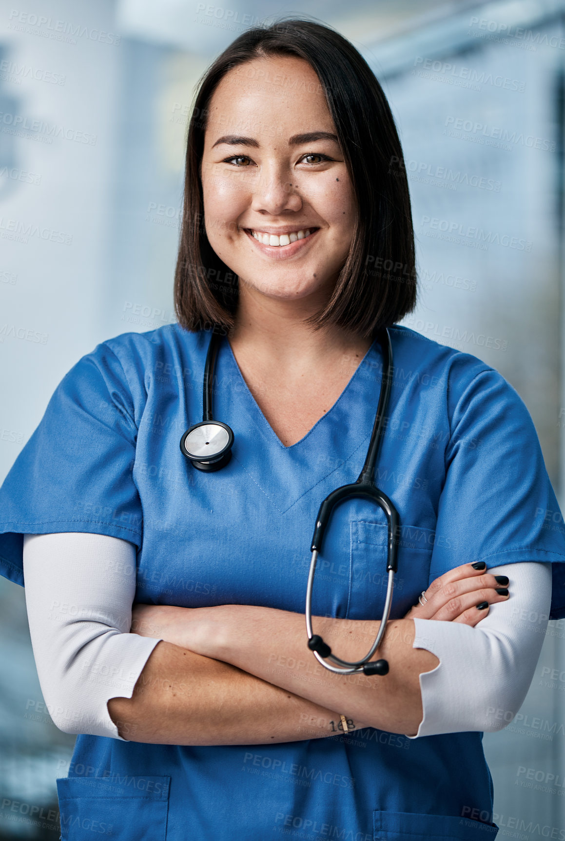 Buy stock photo Portrait of a medical practitioner standing in a hospital