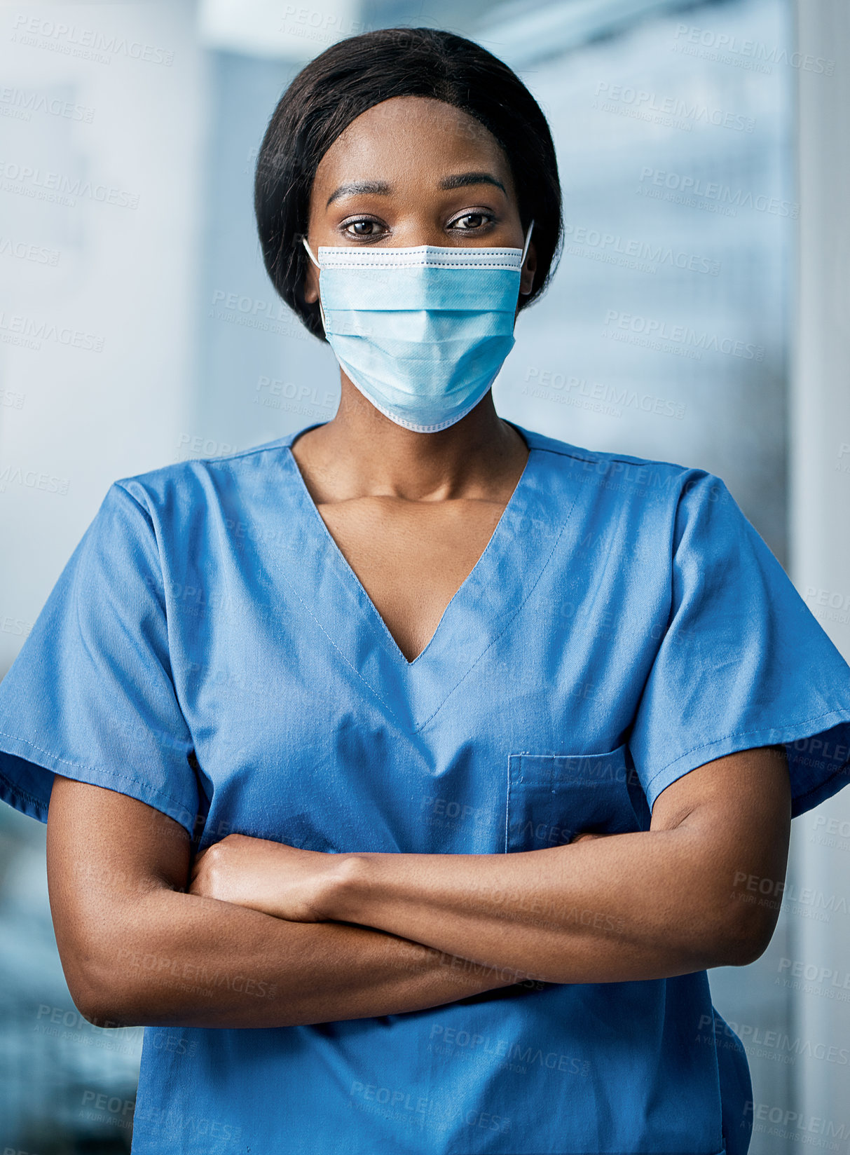 Buy stock photo Face mask, crossed arms and portrait of nurse in hospital with protection, germ prevention or hygiene. Healthcare, ppe and black woman with safety for medical service, career or wellness for bacteria