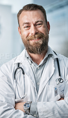 Buy stock photo Portrait of a medical practitioner standing in a hospital