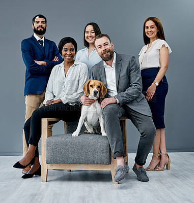Buy stock photo Portrait of a group of businesspeople posing together with a dog against a grey background