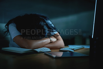 Buy stock photo Shot of young businesswoman sleeping at her desk during a late night in a modern office