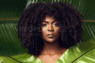 Buy stock photo Shot of a beautiful young woman covering herself with a plant