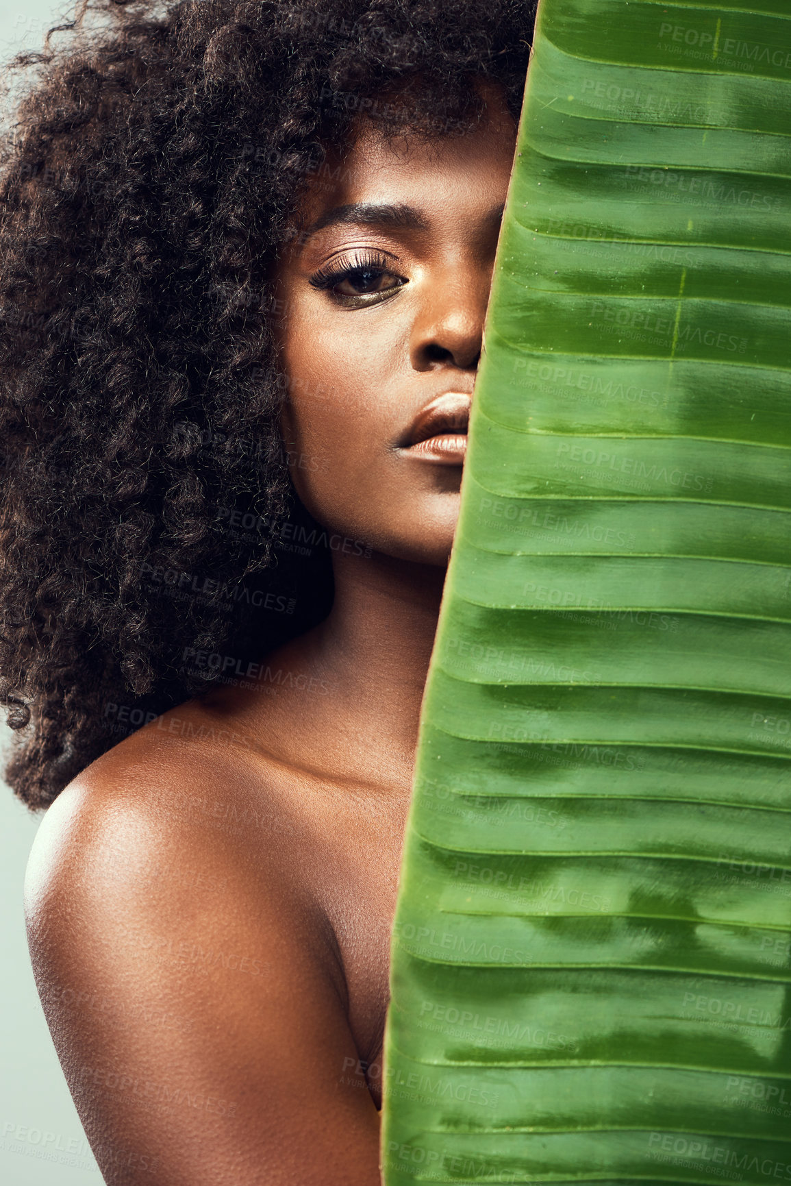 Buy stock photo Shot of a beautiful young woman covering herself with a plant