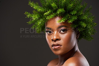 Buy stock photo Studio shot of a beautiful young woman wearing a leaf wreath on her head against a grey background