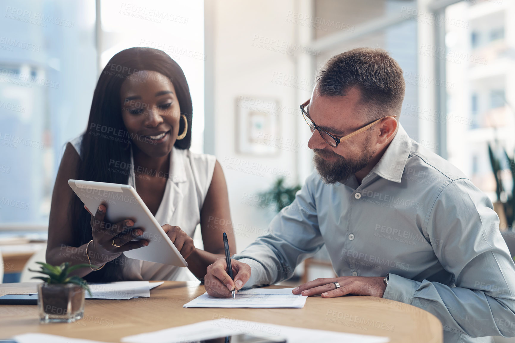 Buy stock photo Reading, writing and people with tablet in startup, budget review or internal audit for financial records. Smile, accounting team and bank statement for cash flow accuracy, tech and tax compliance