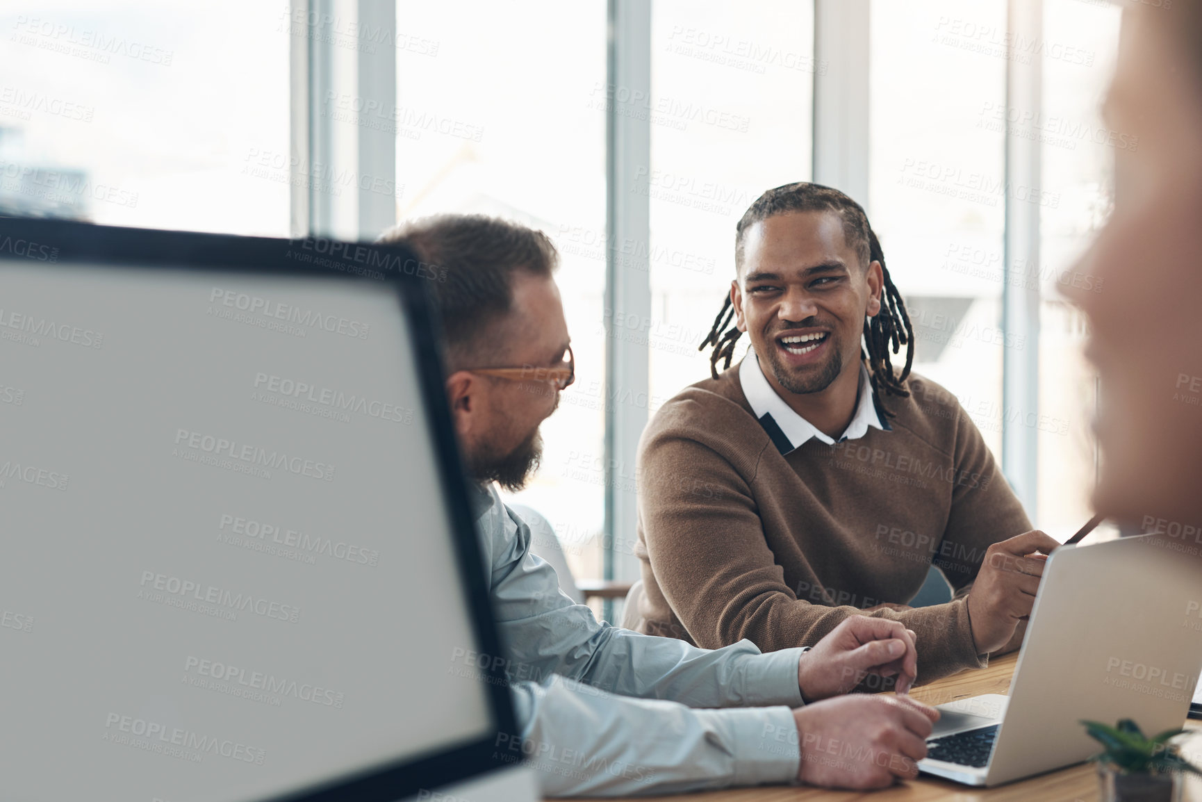 Buy stock photo Laughing, laptop and team with business people in office for digital report, media review and research. Online campaign planning, collaboration and marketing feedback with employees in agency
