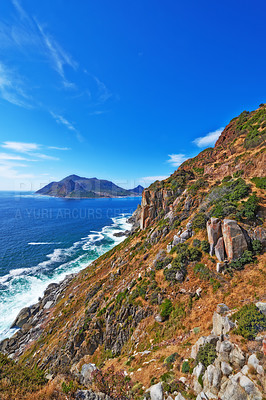 Buy stock photo A photo of the coast from Shapmans Peak, close to Hout Bay. near Cape Town, South Africa.
