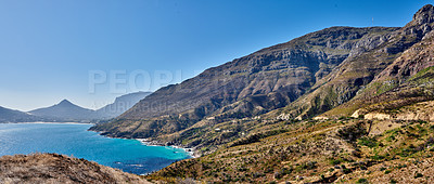 Buy stock photo A photo mountains, coast and ocean from Shapmanns Peak, with Hout Bay in the background. Close to Cape Town