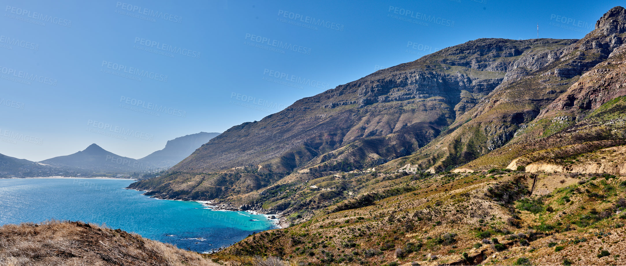 Buy stock photo A photo mountains, coast and ocean from Shapmanns Peak, with Hout Bay in the background. Close to Cape Town