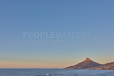 Buy stock photo Panorama of table Mountain in Cape Town against a blue sky on a quiet morning with copy space. Banner of clear ocean and views of Lions Head in South Africa. Tranquil, serene, quiet nature in harmony