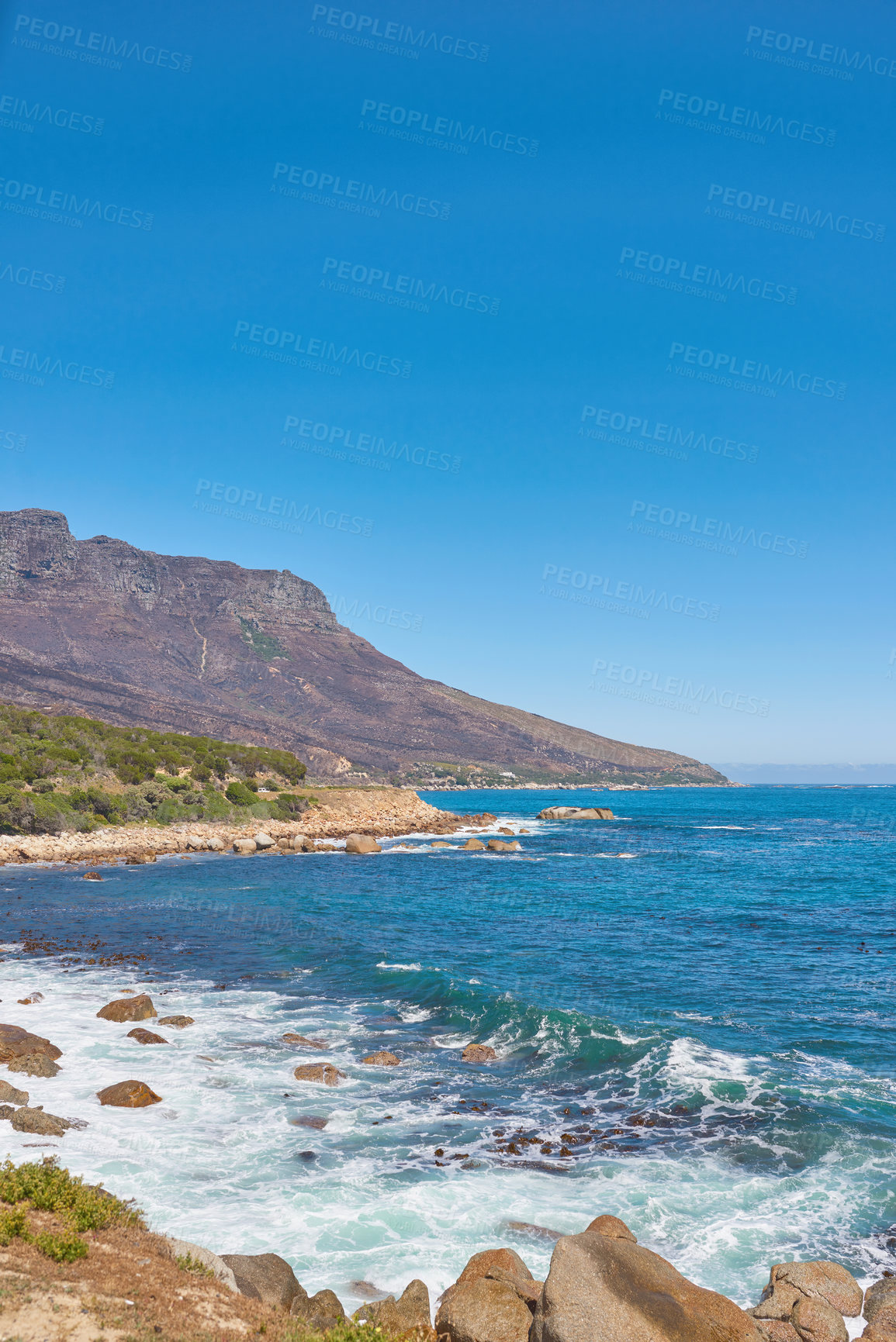 Buy stock photo Rocky coast close to Simonâs Town, Indian Ocean, Western Cape, South Africa.