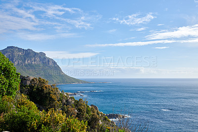 Buy stock photo A photo mountains, coast and ocean from Shapmanns Peak, with Hout Bay in the background. Close to Cape Town