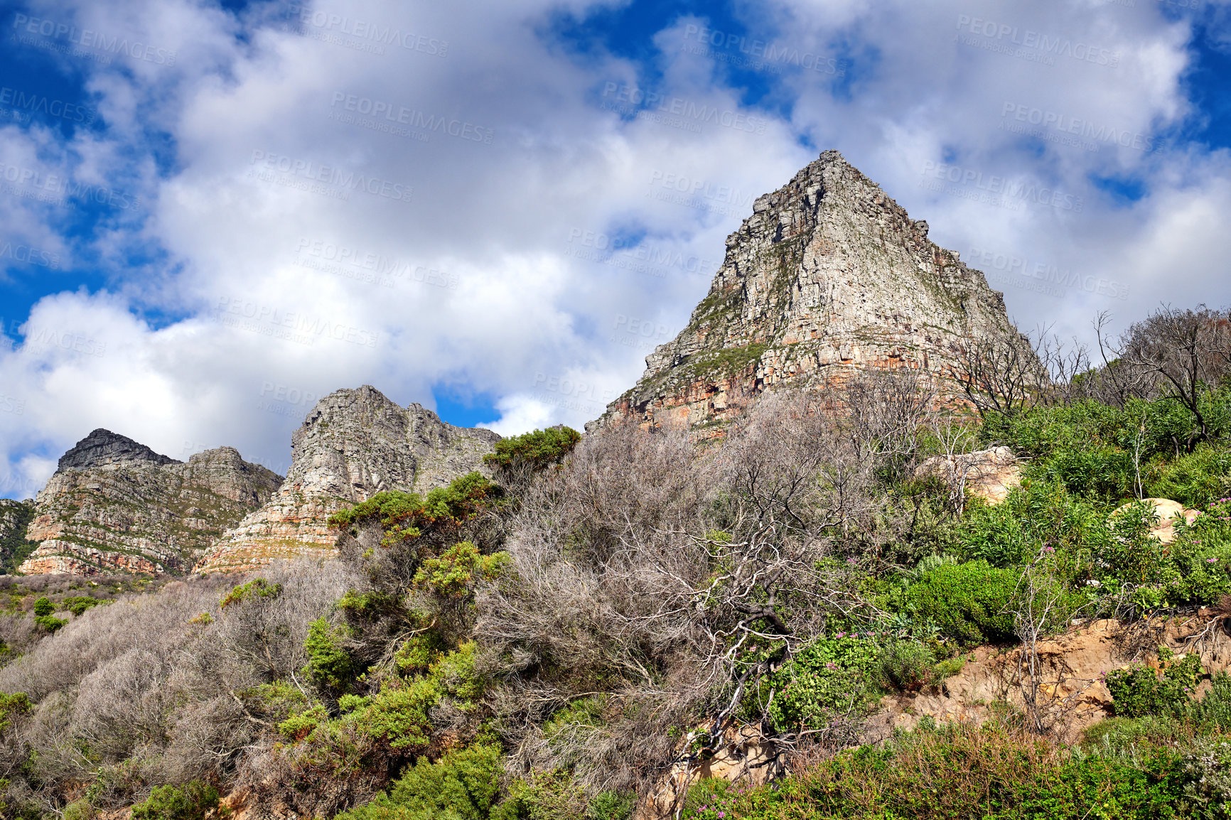 Buy stock photo Scenic landscape of mountains in Cape Town, South Africa against cloudy blue sky copy space from below. Scenic view of plants and shrubs growing on a rocky hill and cliff in a natural environment